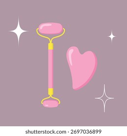 Rodillo facial de cuarzo rosa de diseño plano y juego de herramientas Gua Sha. La herramienta y el rodillo en forma de corazón se colocan sobre un fondo púrpura apagado. 