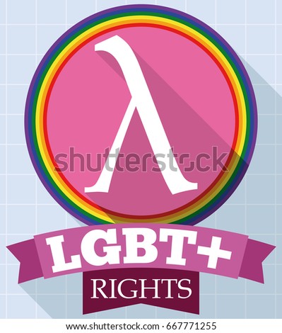 Flat design with pink round button and lambda symbol inside of it decorated with a rainbow ribbon for LGBT rights and Gay Pride event.