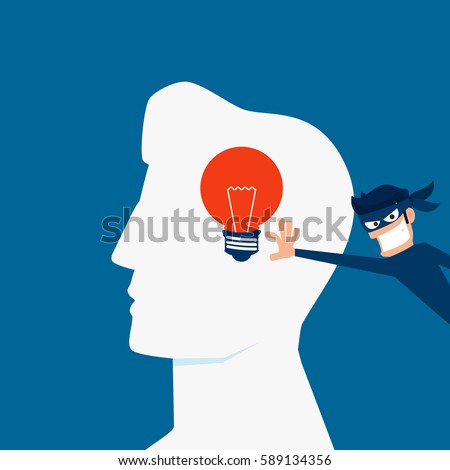 Flat design Piracy concept. Thief stealing light bulb idea from a head. Cartoon Vector Illustration.