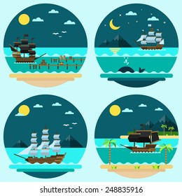 Flat design of pirate ships sailing illustration vector