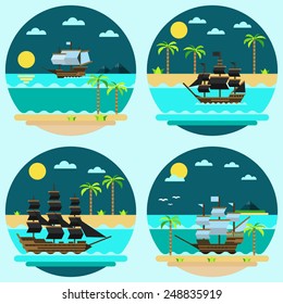 Flat design of pirate ships sailing illustration vector