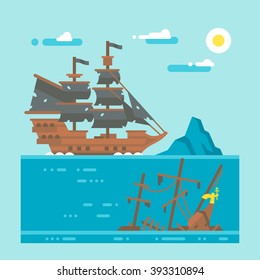 Flat Design Pirate Shipwreck Illustration Vector