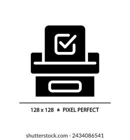Flat design pixel perfect voting glyph style icon with checkmark, isolated vector illustration, election sign.
