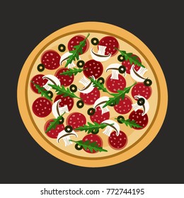 Flat design of pizza on black or dark grey. Vector illustration. Isolated