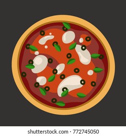 Flat design of pizza on black or dark grey. Vector illustration. Isolated