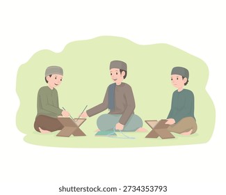 A flat design with a plain white background depicts two teenage boys studying the Quran with a teacher. The teacher is shown giving instructions on how to recite the Quran, holding a prayer bead, a common characteristic of some Islamic religious teachers. Increasing Quran recitation is a common practice during Ramadan and is also an obligatory practice for Muslims at all times.