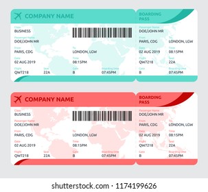 Flat design for plane ticket. Boarding pass vector concept. Tickets with world map on background. Airplane passenger ticket vector template.