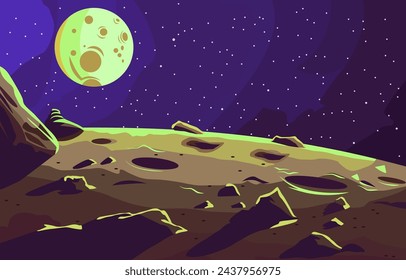 Flat Design of Planet Surface in Outer Space with Stars in Purple Sky