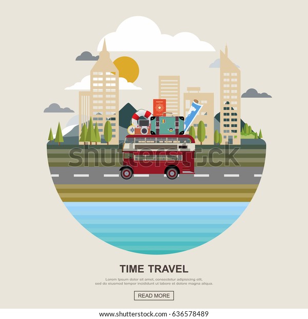 Flat design. Planning summer vacations,\
Travel by bus with a roof rack , World Travel, Summer\
holiday,Tourism and vacation theme.  Vector\
illustration.