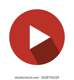 Ícone de botão de reprodução de design plano. Botão circular vermelho com símbolo de triângulo branco e sombra longa. Elemento de interface de início, mídia ou player de vídeo.