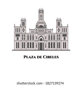 Flat design of Plaza de Cibeles in Madrid, Spain. An iconic symbol for the city of Madrid. A building with Cibeles Fountain and has become one of the most emblematic symbols of Spain’s capital city