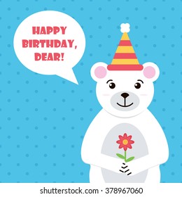 Flat design polar bear with bouquet of flowers illustration. Colorful birthday greeting card with cute white bear.