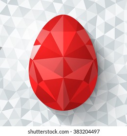 Flat design polygon of Easter red egg isolated on triangle background. Vector illustration. Happy Easter card in hipster low poly triangle style. Perfect for greeting card or elegant party invitation.