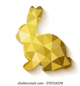 Flat design polygon of golden Easter Bunny isolated on white. Vector illustration. Happy Easter card in hipster low poly triangle style. Perfect for greeting card or elegant party invitation.