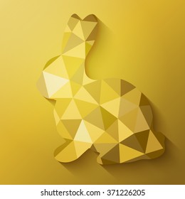 Flat design polygon of golden Easter Bunny. Vector illustration. Happy Easter card in hipster low poly triangle style. Perfect for greeting card or elegant party invitation.