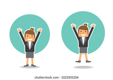 flat design of ponytail business young women jump with raised hand and happy face