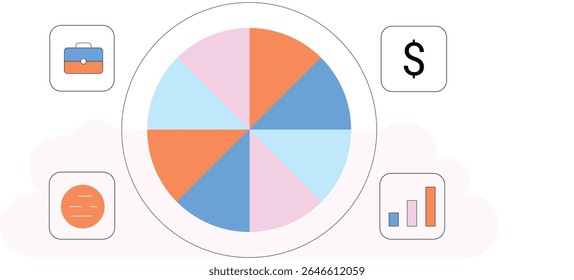Flat Design Portfolio Pie Chart With Colorful Segments and Investment Icons in a Clean Modern Vector Style for Financial Visualization