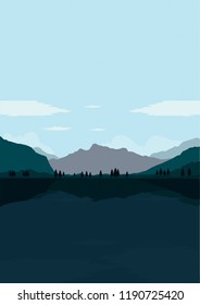 Flat design portrait of mountain, forest and lake views