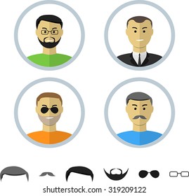 flat design portraits of four men with beards, mustaches and glasses