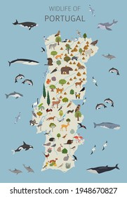 Flat design of Portugal wildlife. Animals, birds and plants constructor elements isolated on white set. Build your own geography infographics collection. Vector illustration