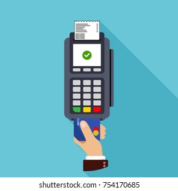 Flat Design Of POS Terminal. Payment By Credit Or Debit Card. Vector Illustration.