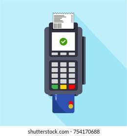 Flat design of POS terminal. Payment by credit or debit card. Vector illustration. 