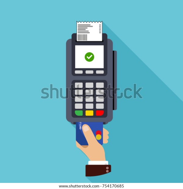 Pos端末のフラットデザイン クレジットカードまたはデビットカードによる支払い ベクターイラスト のベクター画像素材 ロイヤリティフリー