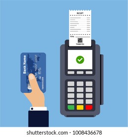 Flat design of POS terminal with receipt. Payment by credit or debit card. Hand holds credit card. Vector illustration. Isolated