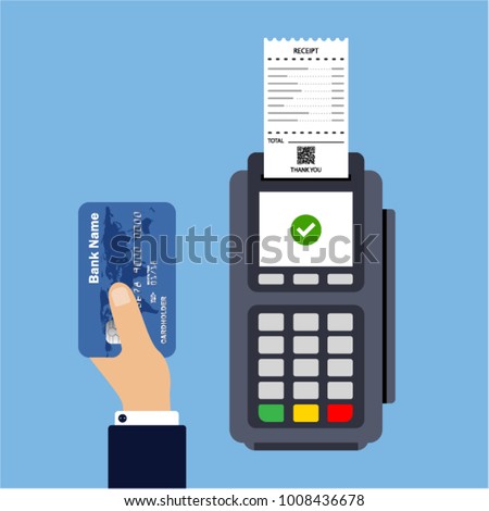Flat design of POS terminal with receipt. Payment by credit or debit card. Hand holds credit card. Vector illustration. Isolated