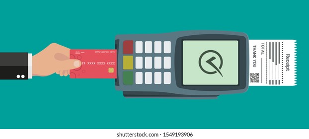 Flat design of POS terminal usage concept. Hand pushing credit or debit card into the pos machine slot. Payment by card concept. Vector illustration.
