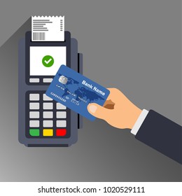 Flat design of POS terminale usage concept. Hand pushing credit or debit card into the pos machine slot. Payment by card concept. Vector illustration. Isolated