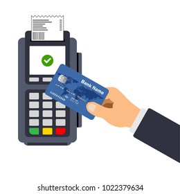 Flat design of POS terminale usage concept. Hand pushing credit or debit card into the pos machine slot. Payment by card concept. Vector illustration. Isolated