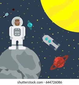 Flat design a poster or background with an astronaut, moon, sun, planets and rockets. Space Adventures. Vector illustration