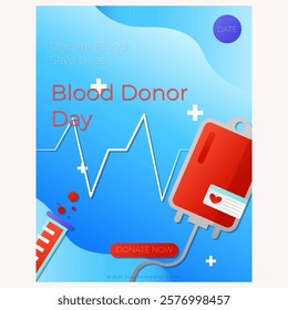 Flat design poster, banner concept blood donor day. Hospital event, health care, blood test event, instagram post, with donate button and blue gradient background 