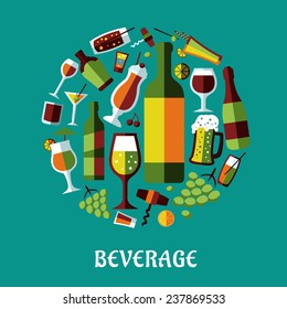 Flat design poster with  beverages, alcohol drinks, fruits, glasses and corkscrews in a circle on turquoise background for cafe and restaurant menu design