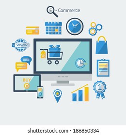 Flat design poster, concept with icons of internet shopping and e-commerce symbols. Vector illustration.