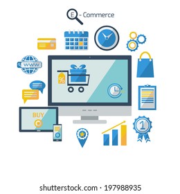 Flat design poster, concept with icons of internet shopping and e-commerce symbols. Vector illustration.