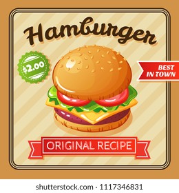 Flat design poster with delicious hamburger with cheese and vegetables vector illustration