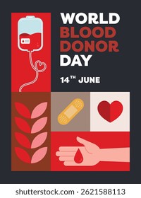 Flat design poster layout for World Donor Day featuring various related elements such as blood bags, hearts, drops, and supportive icons to promote donation awareness.