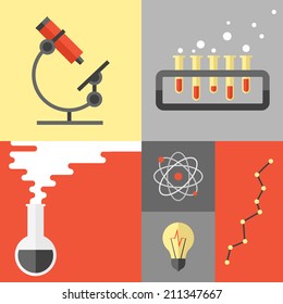 Flat design poster of science experiment and research analysis, chemistry equipment and tools, atom symbol and dna structure. Flat design style modern vector illustration isolated on color background.