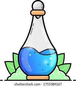 Flat design Potion bottle with blue liquid with grass and leaf isolated in white background