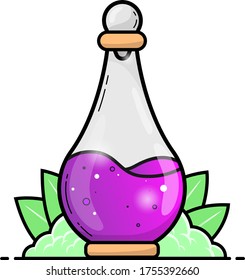 Flat design Potion bottle with purple liquid with grass and leaf isolated in white background