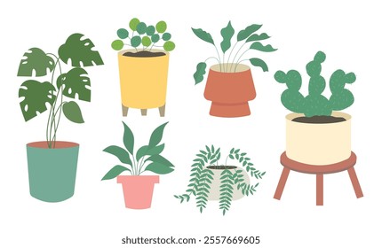 Flat Design Potted plants set. Interior houseplants in planters, baskets, flowerpots. Natural home and office decoration in planters, flowerpots. Flat vector illustration isolated on white background