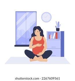 Flat design of pregnant woman practicing yoga at home. Illustration for websites, landing pages, mobile apps, posters and banners. Trendy flat vector illustration
