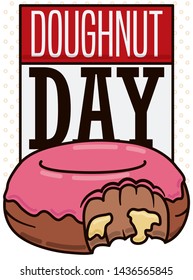 Flat design presenting a loose-leaf calendar with delicious half bitten donut with cherry glaze and vanilla cream promoting Doughnut Day celebration.