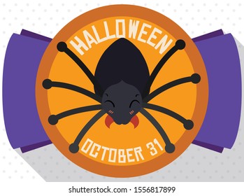 Flat design presenting a rounded button like candy with cute, smiling spider celebrating Halloween.