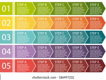Flat design. Process arrows boxes. Step by step vector set. Five steps. 