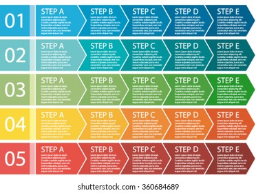 Flat design. Process arrows boxes. Step by step vector set. Five steps.