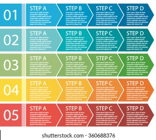 Flat Design. Process Arrows Boxes. Step By Step Vector Set. Four Steps. II