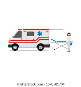 flat design of the profession of a nurse with an ambulance car that helps medical emergencies isolated white background